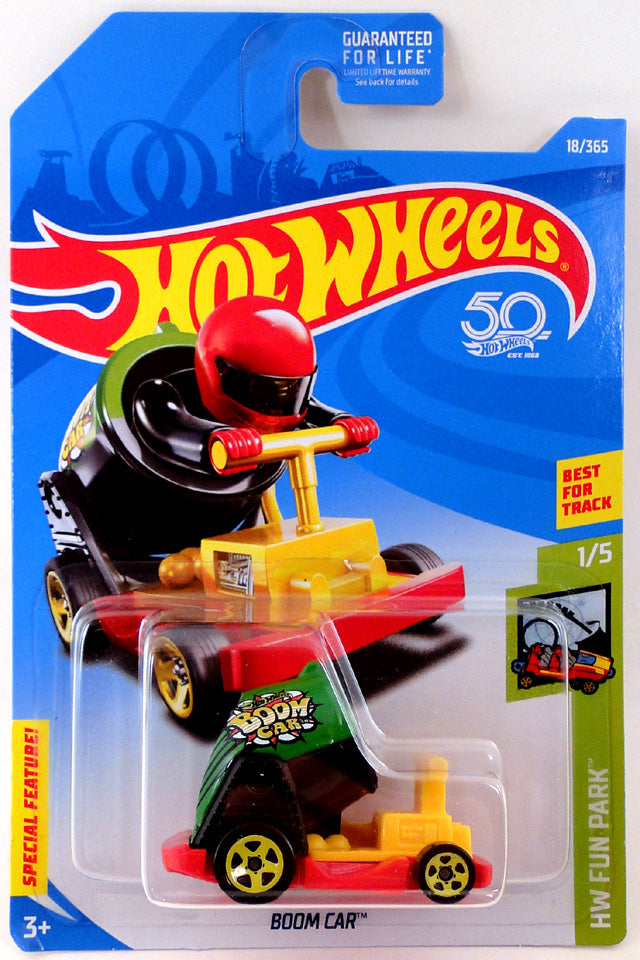Hot Wheels 2018 - Collector # 018/365 - HW Fun Park 1/5 - Boom Car - Green, Black, Yellow & Red - Yellow 5 Spoke Wheels - USA 50th Card