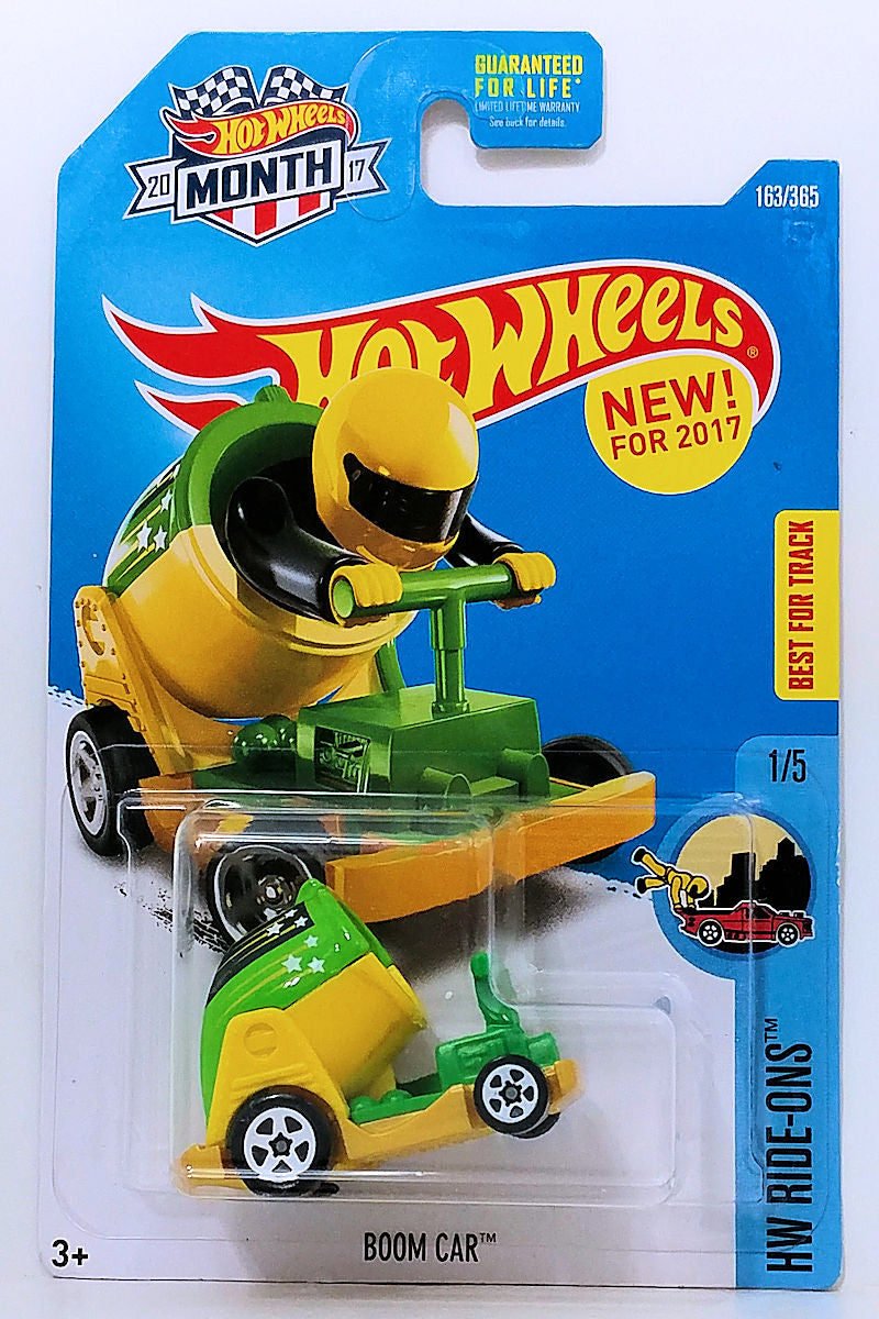 Hot Wheels 2017 - Collector # 163/365 - HW Ride-Ons 1/5 - New Models - Boom Car - Green & Yellow - Figures can Attach - USA 'Month' Card a Walmart Exclusive