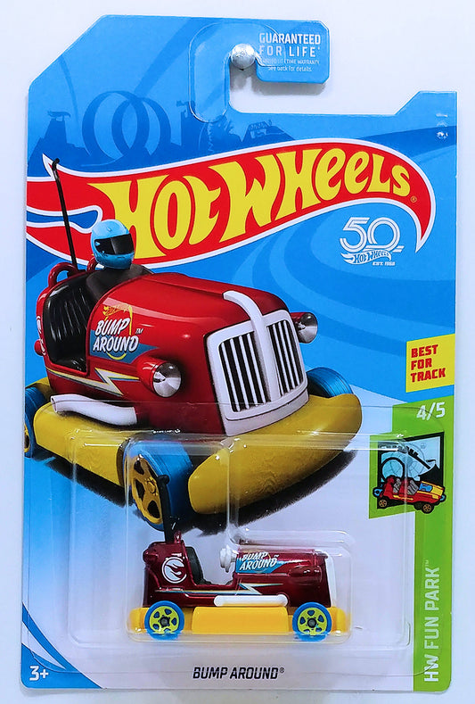 Hot Wheels 2018 - Collector # NONE - HW Fun Park 4/5 - Treasure Hunt - Bump Around - Red Metalflake Body / Circle Flame Logo on Sides / Yellow Base - USA 50th Card