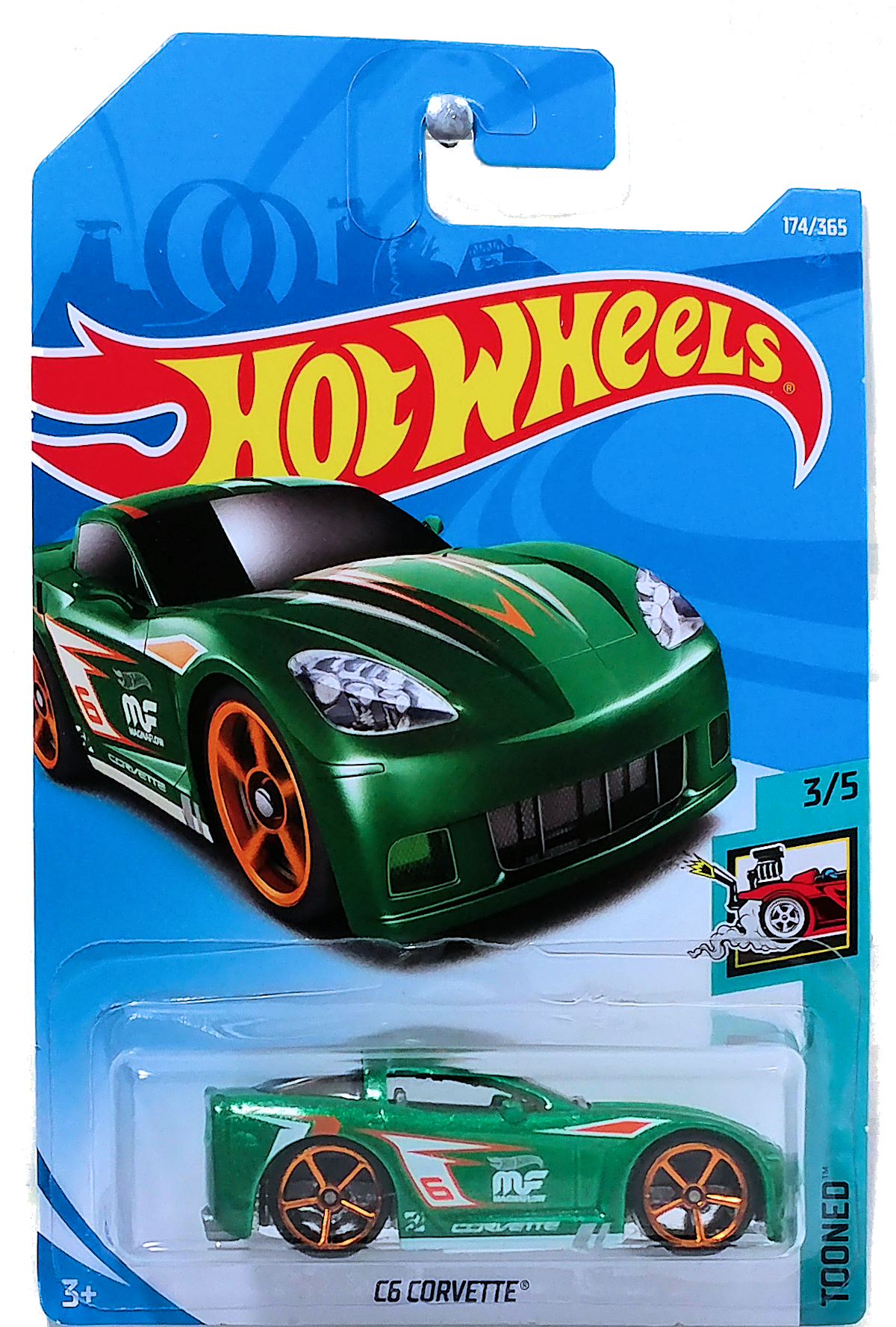Hot Wheels 2018 - Collector # 174/365 - Tooned 3/5 - C6 Corvette (Tooned) - Green  Metalflake - International Card