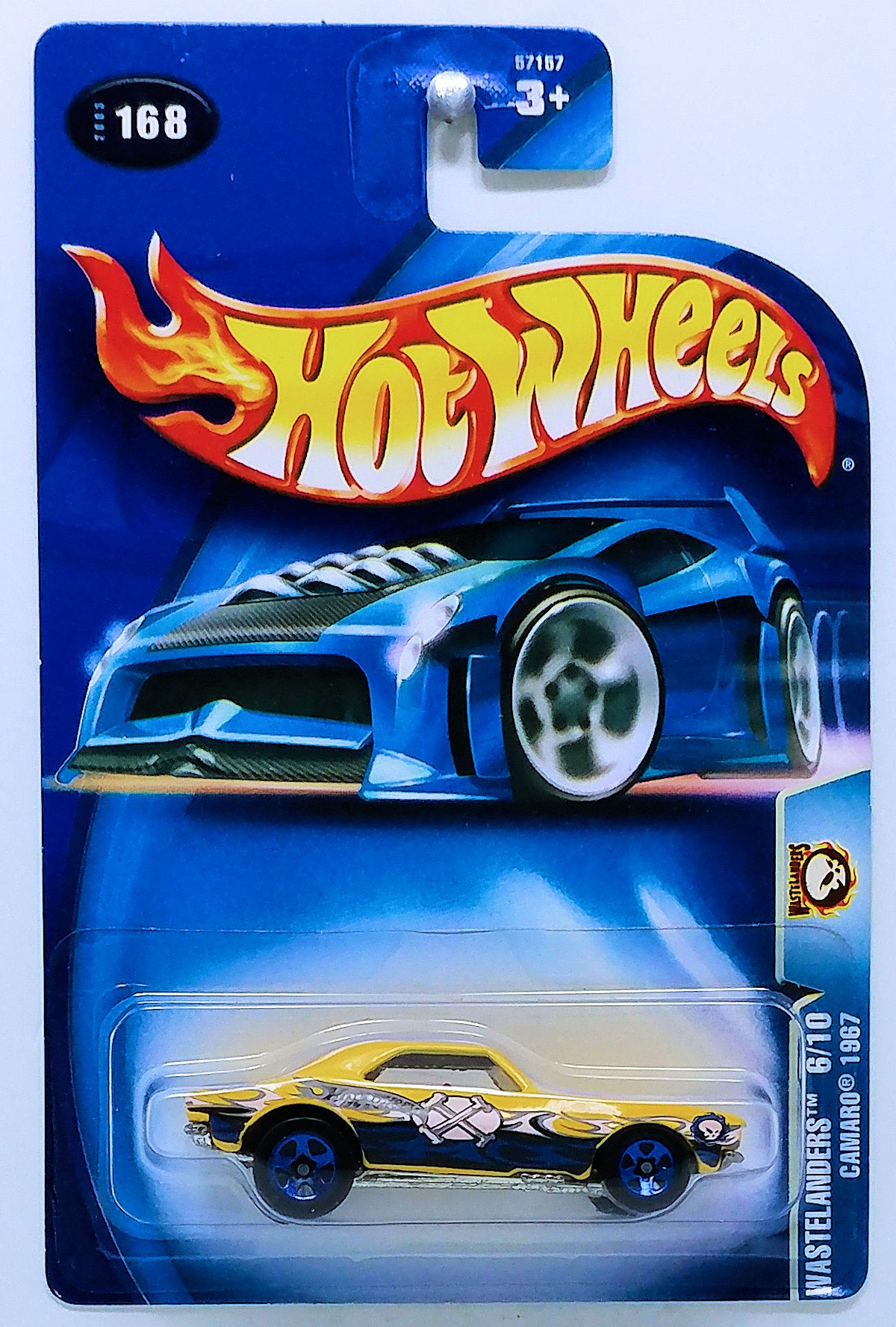 Hot Wheels 2003 - Collector # 168/220 - Wastelanders 6/10 - Camaro 1967 - Yellow - Blue 5 Spoke Wheels - Opening Hood - USA '04 Older Card
