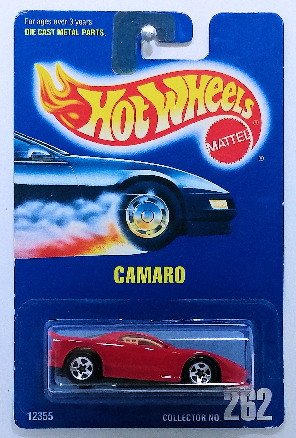 Hot Wheels 1995 - Collector # 262 - Camaro - Red - 5 Spokes - Tan Interior - Gold Hot Wheels Logo Rear License Plate - USA Blue Card Brown Back