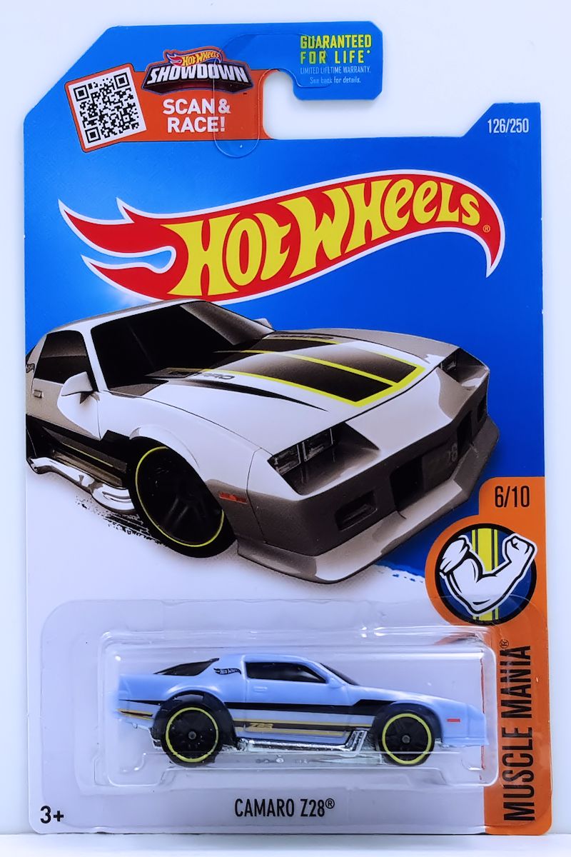 Hot Wheels 2016 - Collector # 126/250 - Muscle Mania 6/10 - Camaro Z28 - Pearl Blue / Black & Yellow Stripes - PR5 Wheels - USA 'Showdown' Card