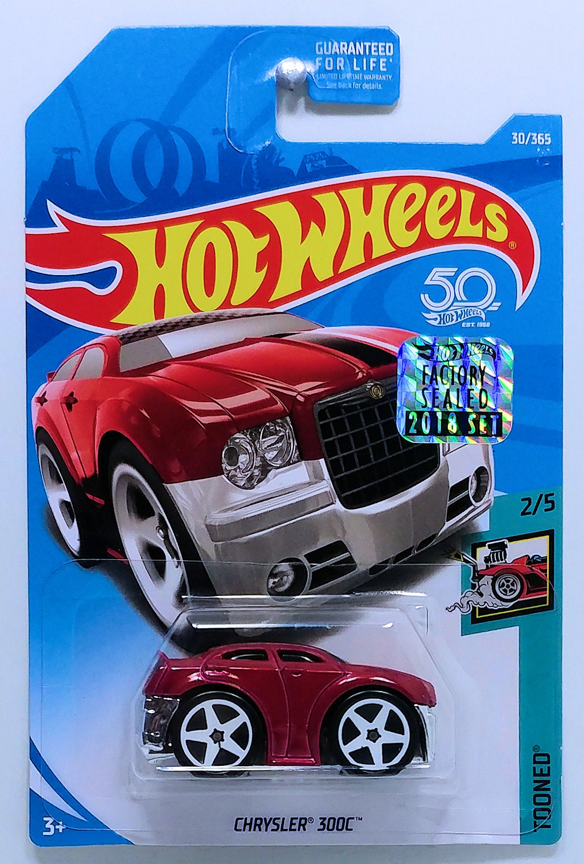 Hot Wheels 2018 - Collector # # 030/365 - Tooned 2/5 - Chrysler 300C (Blings) - Red - USA 50th Card with Factory Set Sticker