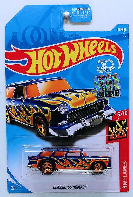 Hot Wheels 2018 - Collector # 146/365 - HW Flames 6/10 - Classic '55 Nomad - Blue - USA 50th Card with Factory Set Sticker