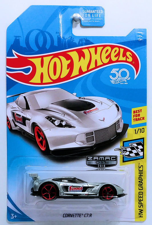 Hot Wheels 2018 - Collector # NONE - HW Speed Graphics 1/10 - ZAMAC 017 - Corvette C7.R - ZAMAC / Summit Racing Equipment - Walmart Exclusive - USA 50th Card
