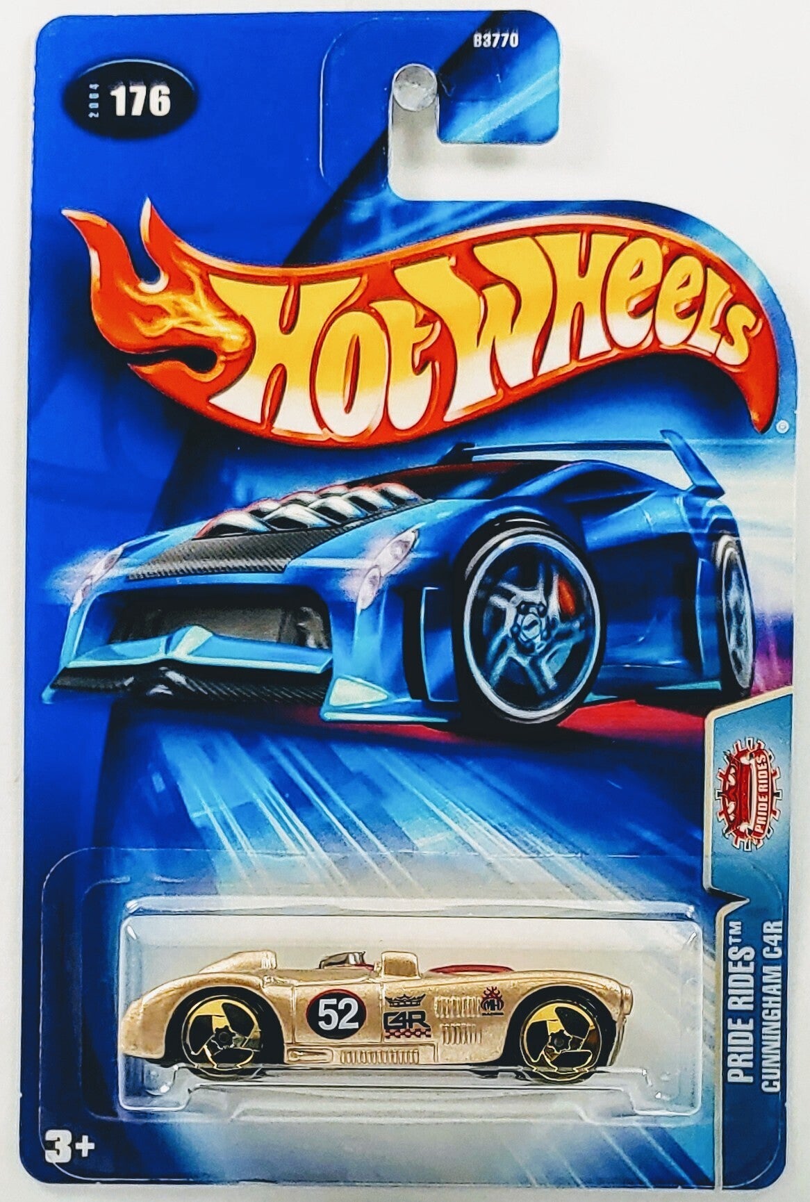 Hot Wheels 2004 - Collector # 176/212 - Pride Rides - Cunningham C4R - Metallic Gold / #52 - Gold 3 Spokes - USA Card