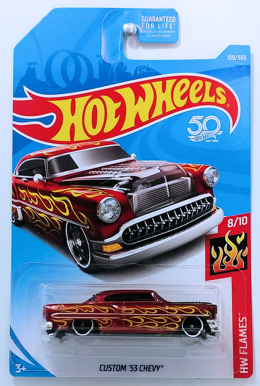 Hot Wheels 2018 - Collector # 109/365 - HW Flames 8/10 - Custom '53 Chevy - Metallic Red - USA 50th Card