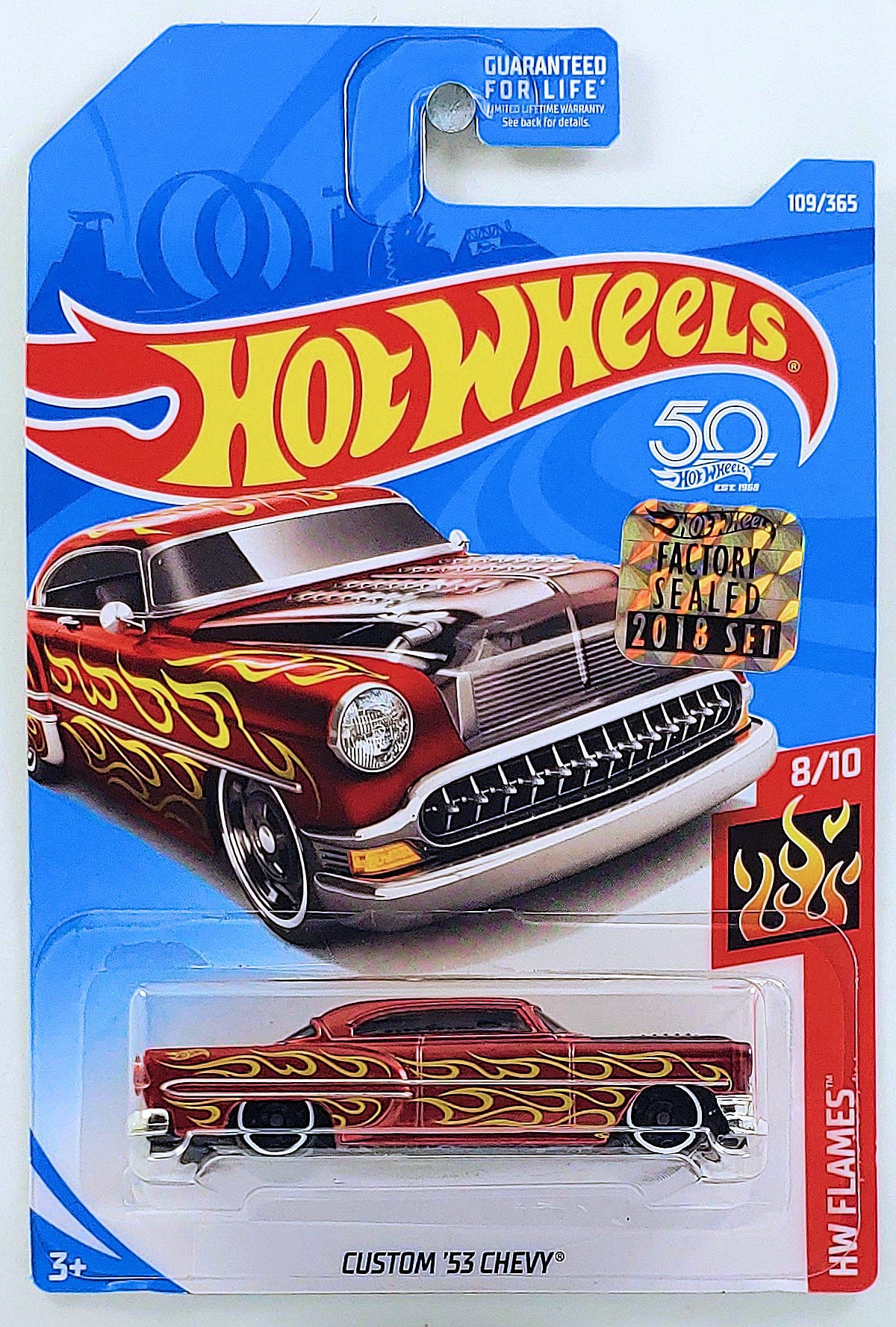 Hot Wheels 2018 - Collector # 109/365 - HW Flames 8/10 - Custom '53 Chevy - Metallic Red - USA 50th Card with Factory Set Sticker