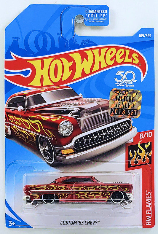 Hot Wheels 2018 - Collector # 109/365 - HW Flames 8/10 - Custom '53 Chevy - Metallic Red - USA 50th Card with Factory Set Sticker