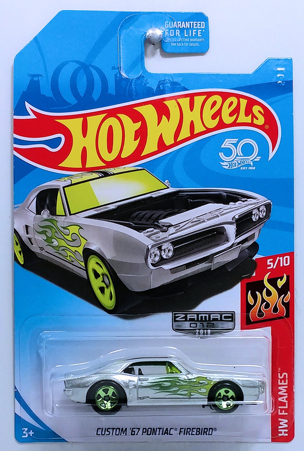Hot Wheels 2018 - Collector # 128/365 - HW Flames 5/10 - ZAMAC 012 - Custom '67 Pontiac Firebird - ZAMAC - Walmart Exclusive - USA 50th Card