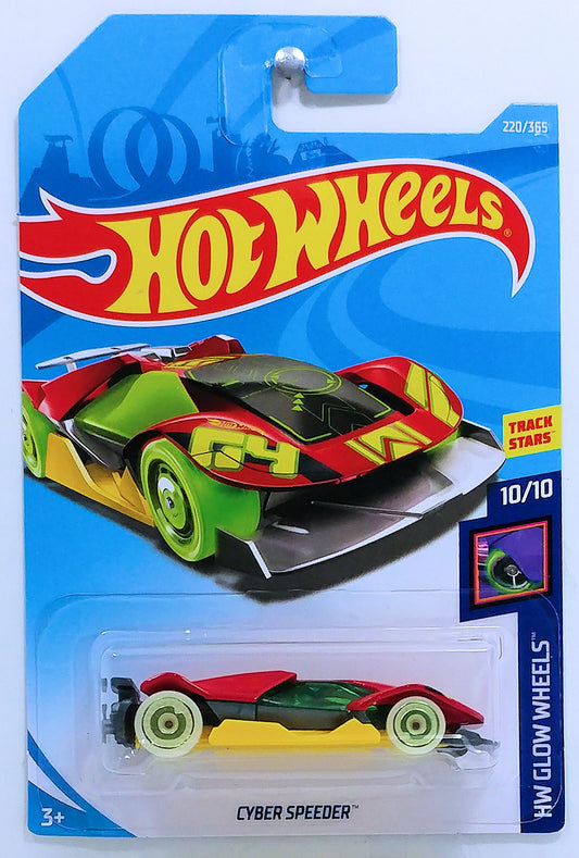 Hot Wheels 2018 - Collector # 220/365 - HW Glow Wheels 10/10 - New Models - Cyber Speeder - Red - International Card