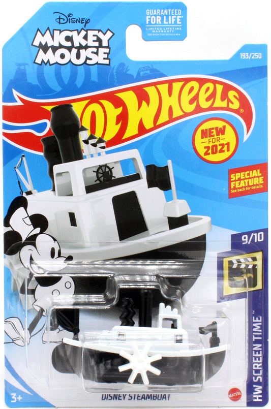Hot Wheels 2021 - Collector # 193/250 - HW Screen Time 9/10 - New Models - Disney Steamboat (Mickey Mouse, Steamboat Willie) - White &amp; Black - Paddles Rotate - USA Card with 'Disney Mickey Mouse'