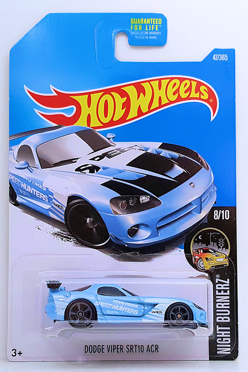 Hot Wheels 2017 - Collector # 047/365 - Nightburnerz 8/10 - Dodge Viper SRT10 ACR - Sky Blue - USA Card
