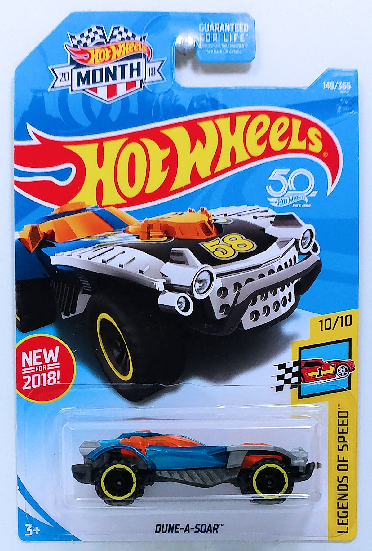 Hot Wheels 2018 - Collector # 149/365 - Legends of Speed 10/10 - New Models - Dune-A-Soar - Blue Metalflake / #58 - USA 50th Card with MONTH Promo