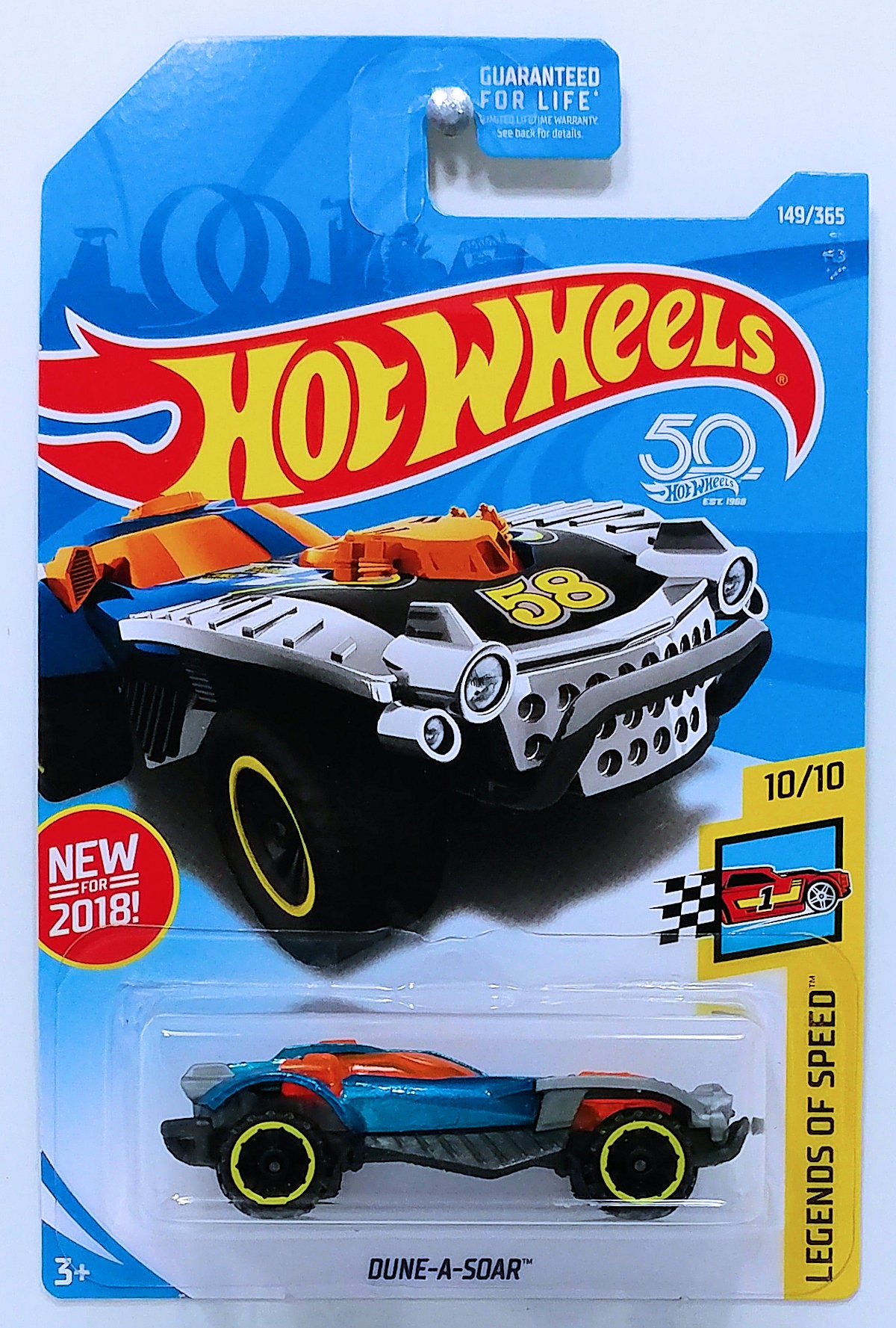 Hot Wheels 2018 - Collector # 149/365 - Legends of Speed 10/10 - New Models - Dune-A-Soar - Blue Metalflake / #58 - USA 50th Card