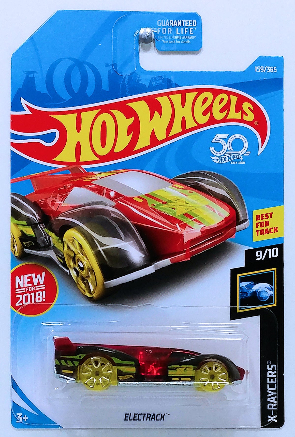 Hot Wheels 2018 - Collector # 159/365 - X-Raycers 9/10 - New Models - Electrack - Transparent Red - USA 50th Card