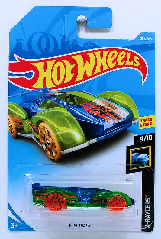 Hot Wheels 2018 - Collector # 281/365 - X-Raycers 9/10 - New Models - Electrack - Transparent Blue & Green - International Card