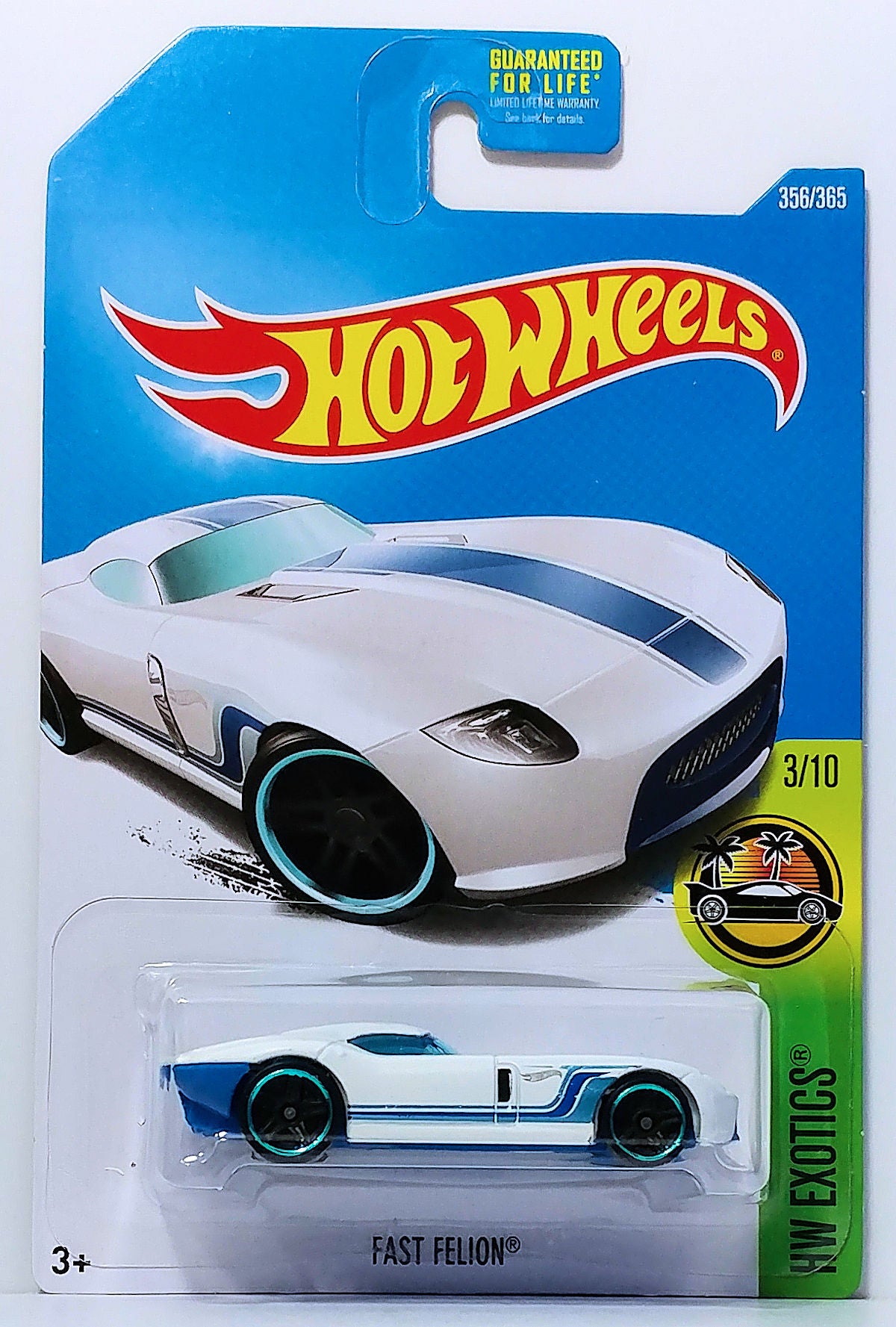 Hot Wheels 2017 - Collector # 356/365 - HW Exotics 3/10 - Fast Felion - White / Blue Stripes - USA Card
