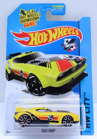 Hot Wheels 2014 - Collector # 017/250 - HW City / HW Goal - Fast Fish - Yellow - USA 'Showdown' Card