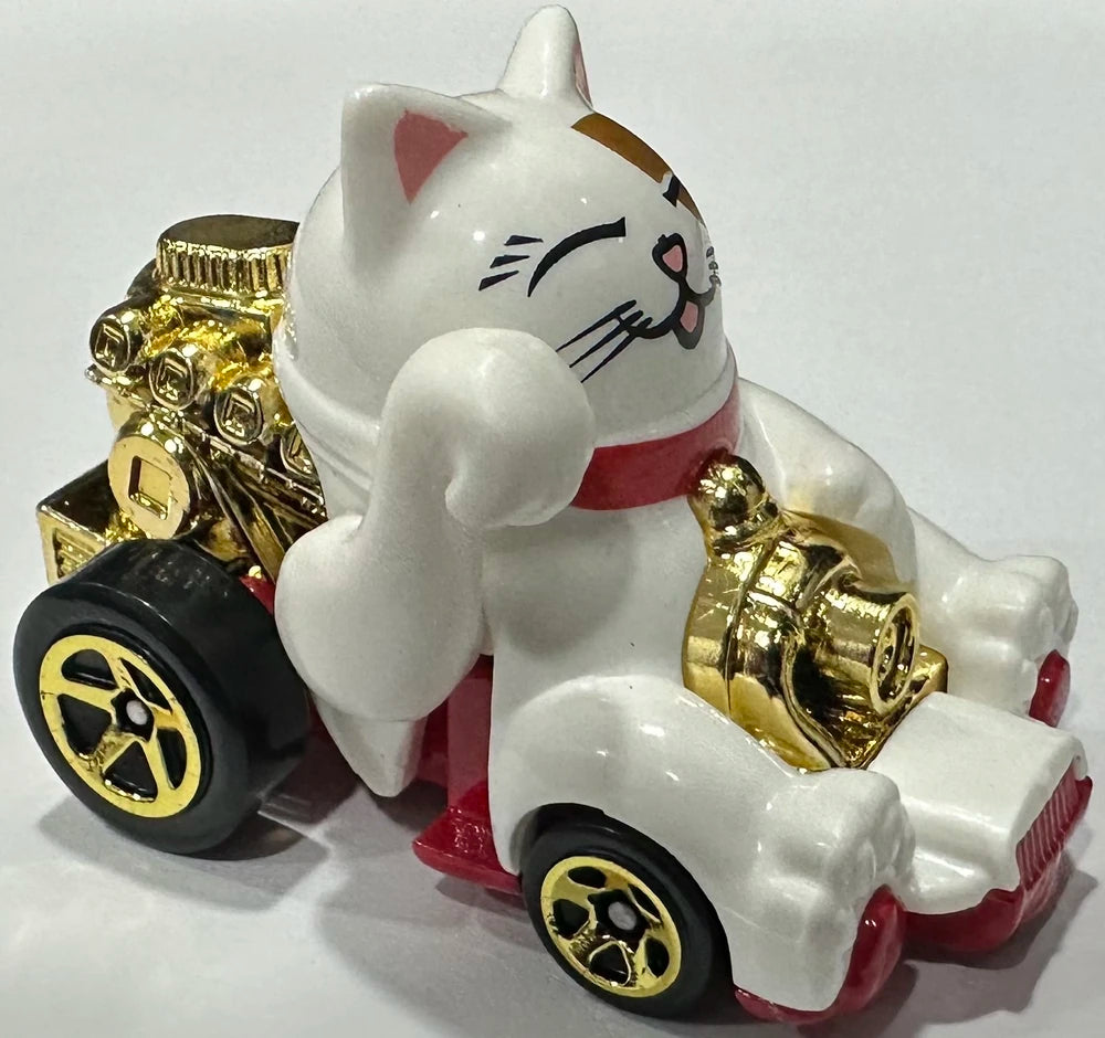 Hot Wheels 2025 - Collector # 234/250 - Celebration Racers 9/10 - New Models - Feline Lucky - White - Gold 5 Spokes - USA Card