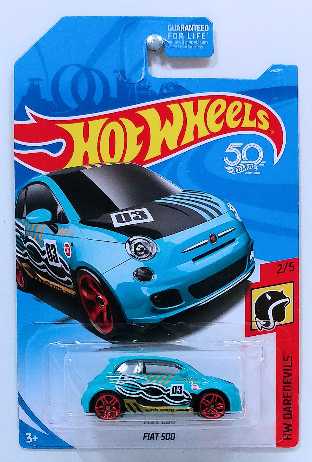 Hot Wheels 2018 - Collector # NONE - HW Daredevils 2/5 - Fiat 500 - Sky Blue - USA 50th Card
