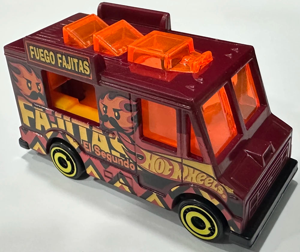 Hot Wheels 2025 - Collector # 149/250 - Fast Foodie 3/5 - Quick Bite - Maroon / 'Fuego Fajitas' - Yellow Aero Disc Wheels - USA Card