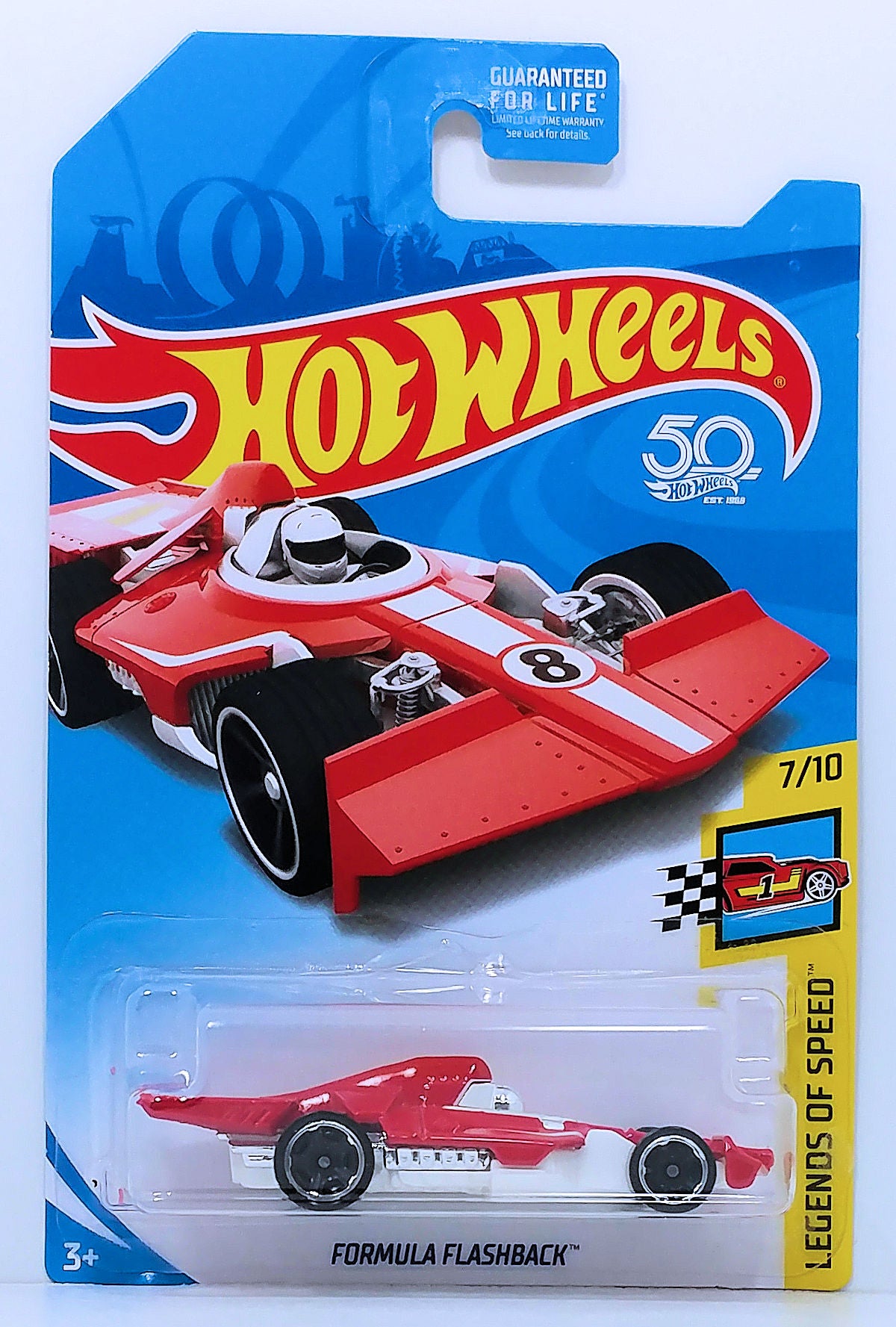 Hot Wheels 2017 - Collector # NONE - Legends of Speed 7/10 - Formula Flashback - Red over White / #8 - MC5 Wheels - KMart Exclusive - USA 50th Card