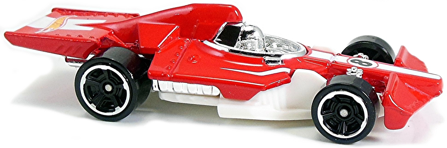 Hot Wheels 2017 - Collector # NONE - Legends of Speed 7/10 - Formula Flashback - Red over White / #8 - MC5 Wheels - KMart Exclusive - USA 50th Card