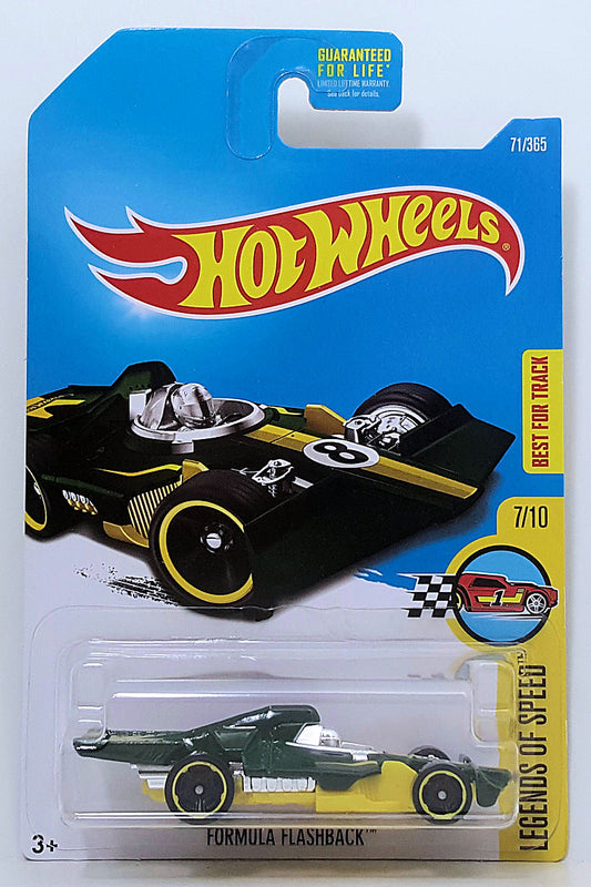 Hot Wheels 2017 - Collector # 071/365 - Legends of Speed 7/10 - Formula Flashback - Dark Green & Yellow - USA Card