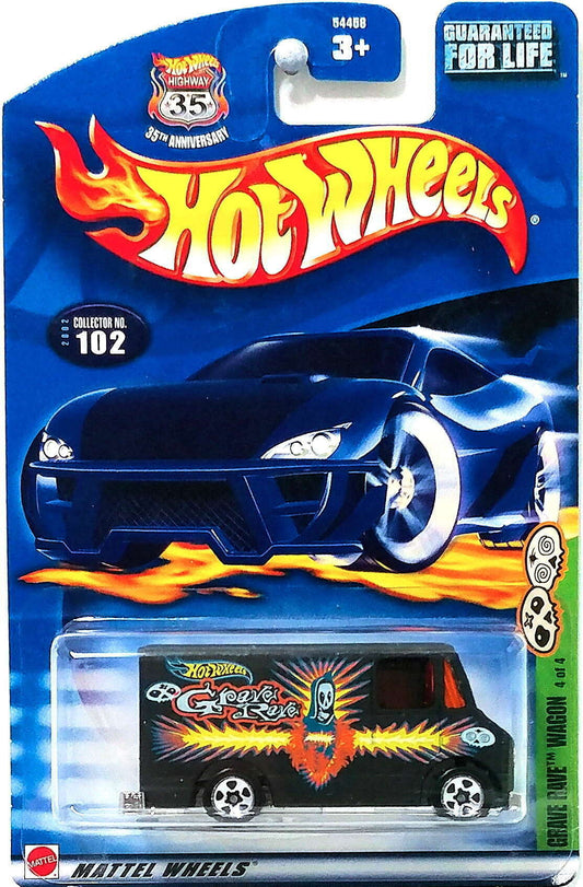Hot Wheels 2002 - Collector # 102/240 - Grave Rave Series 4/4 - Grave Rave Wagon (Combat Medic) - Matte Black / Grave Rave Graphic - 5 Spoke Wheels - USA 35th Card