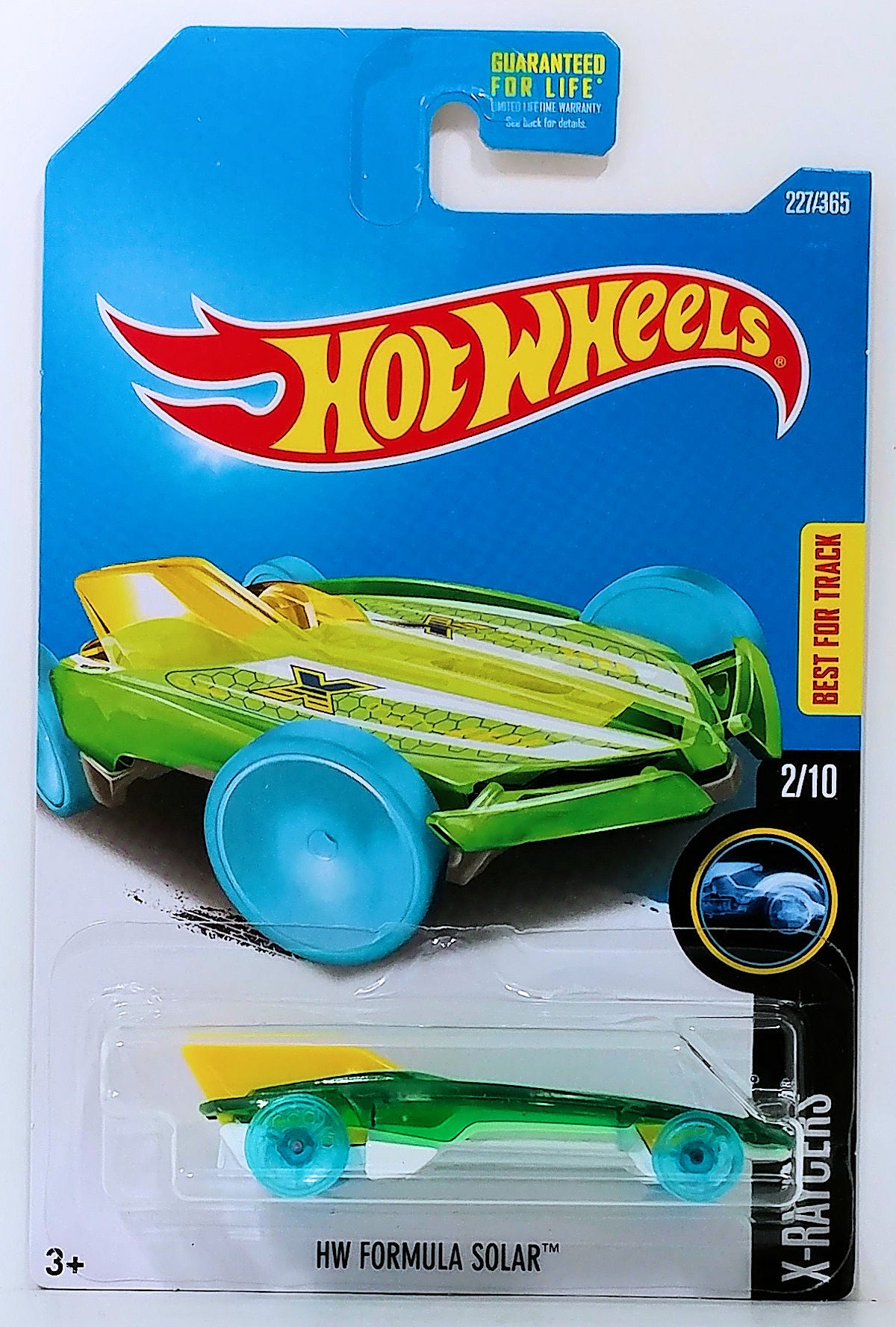 Hot Wheels 2017 - Collector # 227/365 - X-Raycers 2/10 - HW Formula Solar - Transparent Green Body / White Metal Base / Yellow Vertical Wing - USA Card