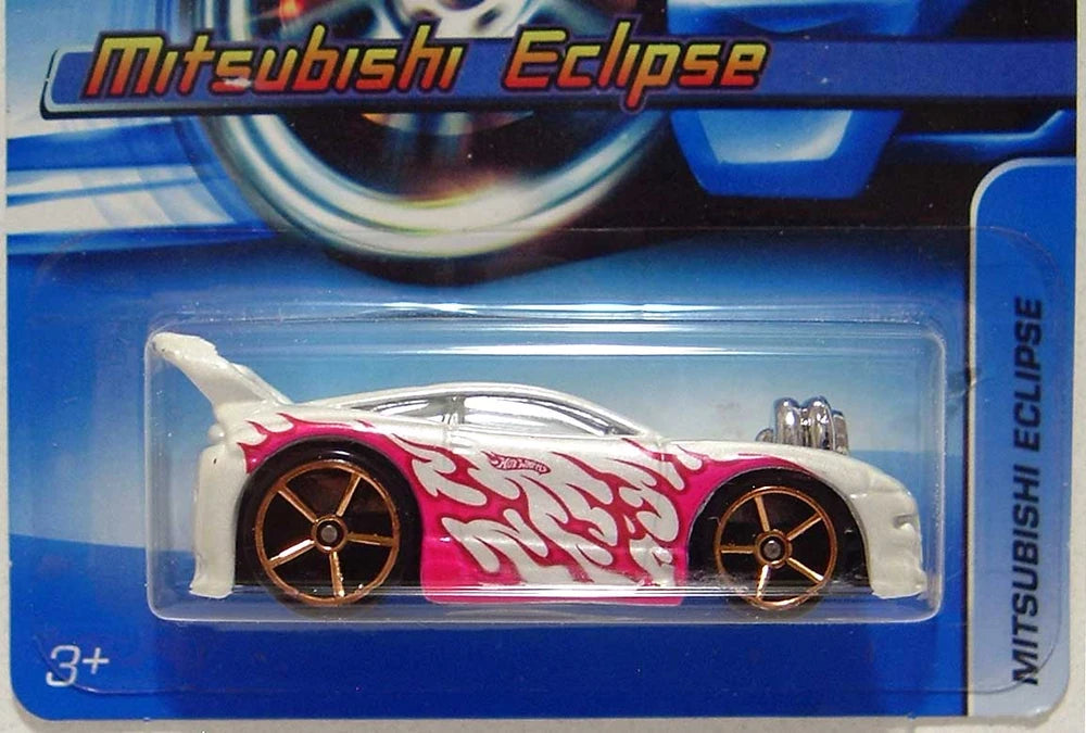 Hot Wheels 2005 - Collector # 174/183 - Mitsubishi Eclipse (Tooned) - White / Flames - FTE Wheels - USA FTE '06 Card