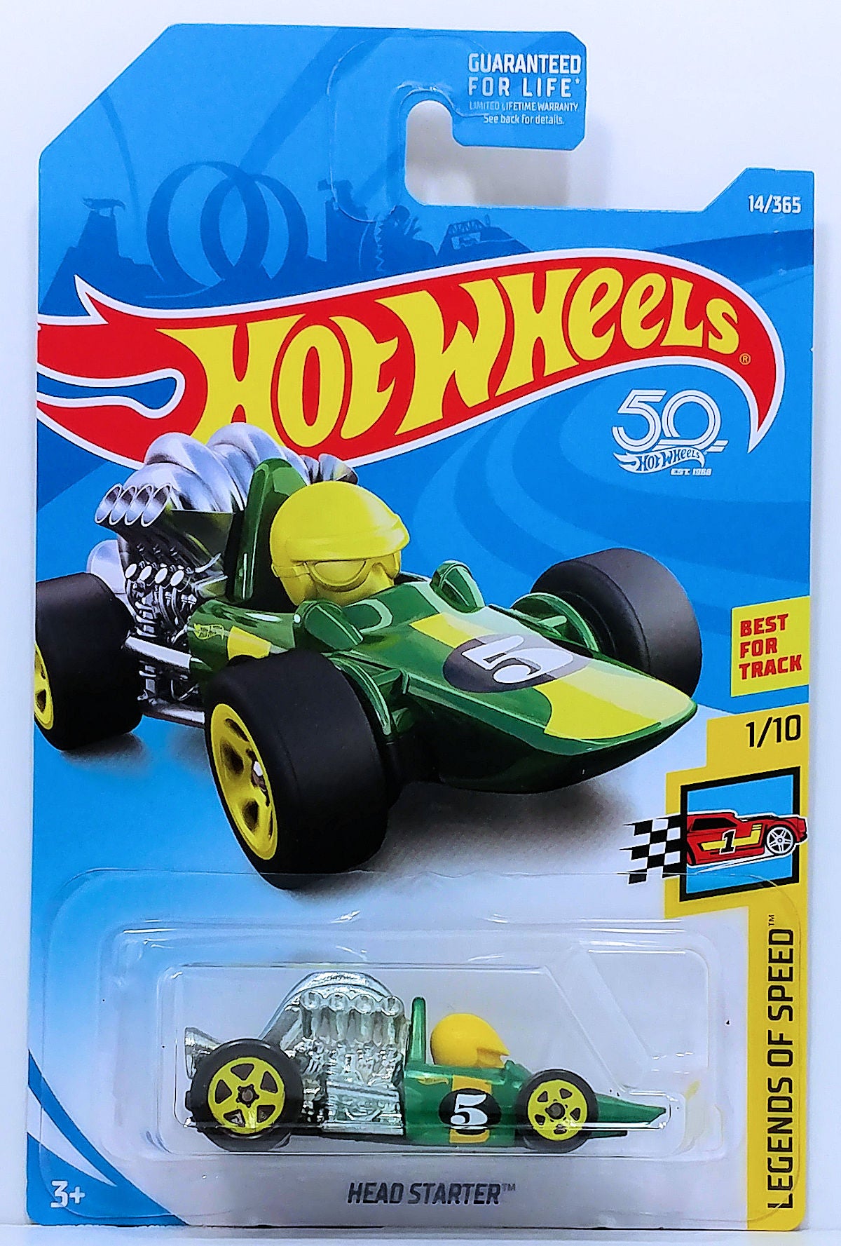 Hot Wheels 2018 - Collector # 014/365 - Legends of Speed 1/10 - Head Starter - Green / #5 - Yellow 5 Spoke Wheels - USA 50th Card