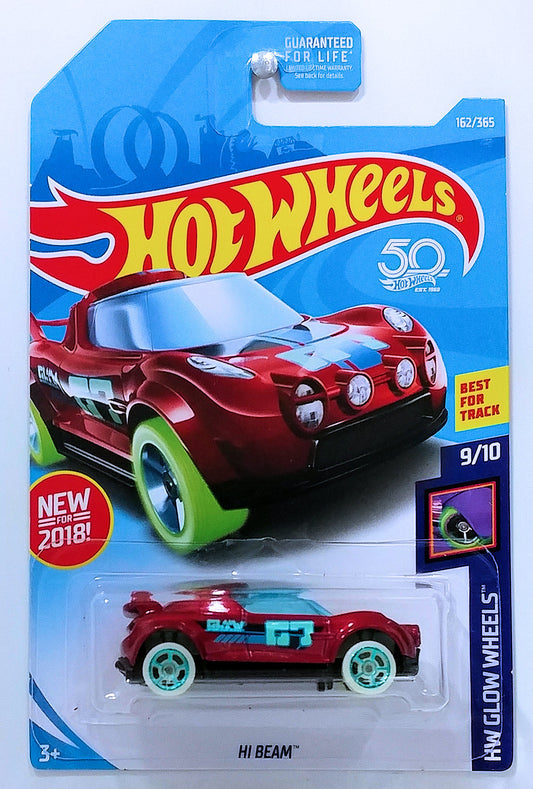 Hot Wheels 2018 - Collector # 162/365 - HW Glow Wheels 9/10 - New Model - Hi-Beam - Metalflake Dark Red - USA 50th Card
