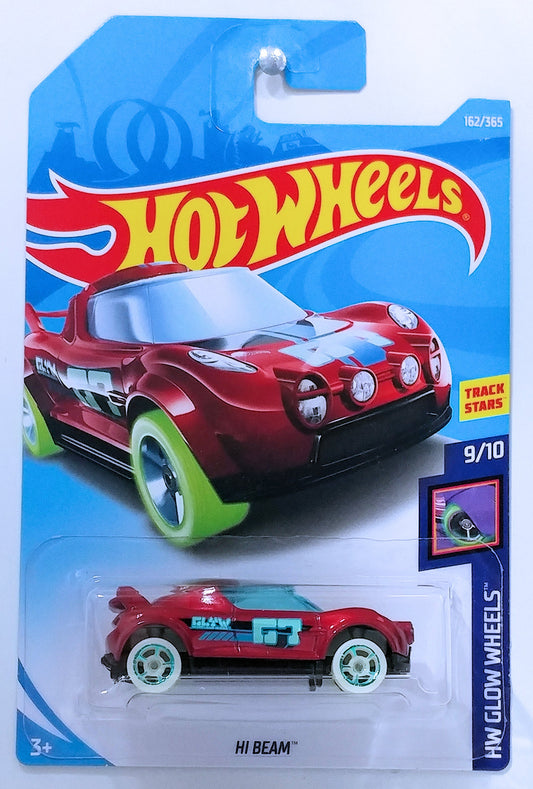 Hot Wheels 2018 - Collector # 162/365 - HW Glow Wheels 9/10 - New Model - Hi-Beam - Metalflake Dark Red - International Card