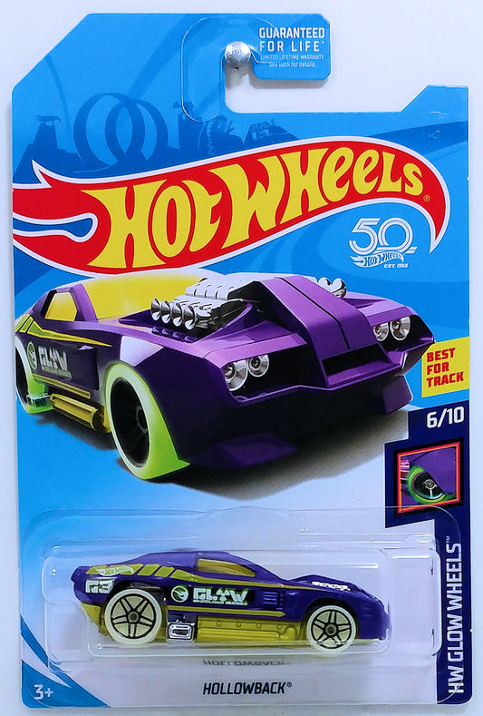 Hot Wheels 2018 - Collector # NONE - HW Glow Wheels 6/10 - Treasure Hunts - Hollowback - Purple / Circle Flame Logo on Sides - USA 50th Card