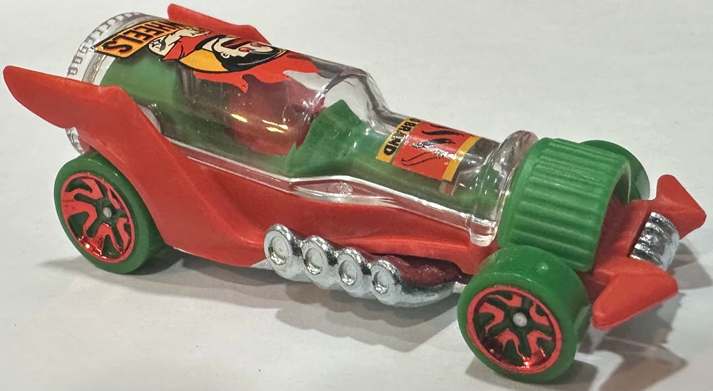 Hot Wheels 2025 - Collector # 197/250 - Fast Foodie 5/5 - New Model - Hot Wheengs - Red - Green Interior - Clear Hot Sauce Bottle - Green Tires with Red Chrome ID Wheels - International Card
