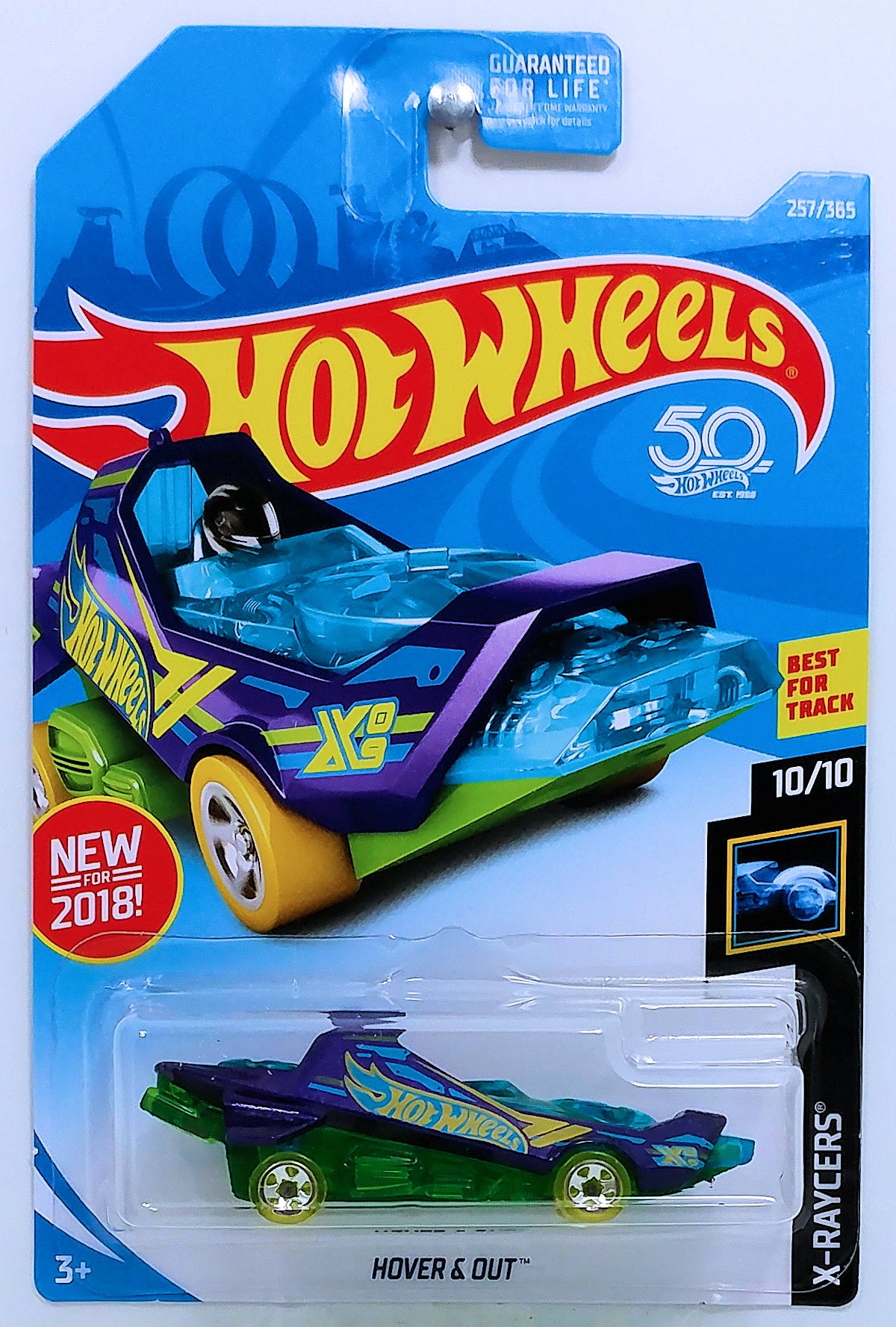 Hot Wheels 2018 - Collector # 257/365 - X-Raycers 10/10 - New Models - Hover & Out - Purple, Transparent Blue & Green - USA 50th Card