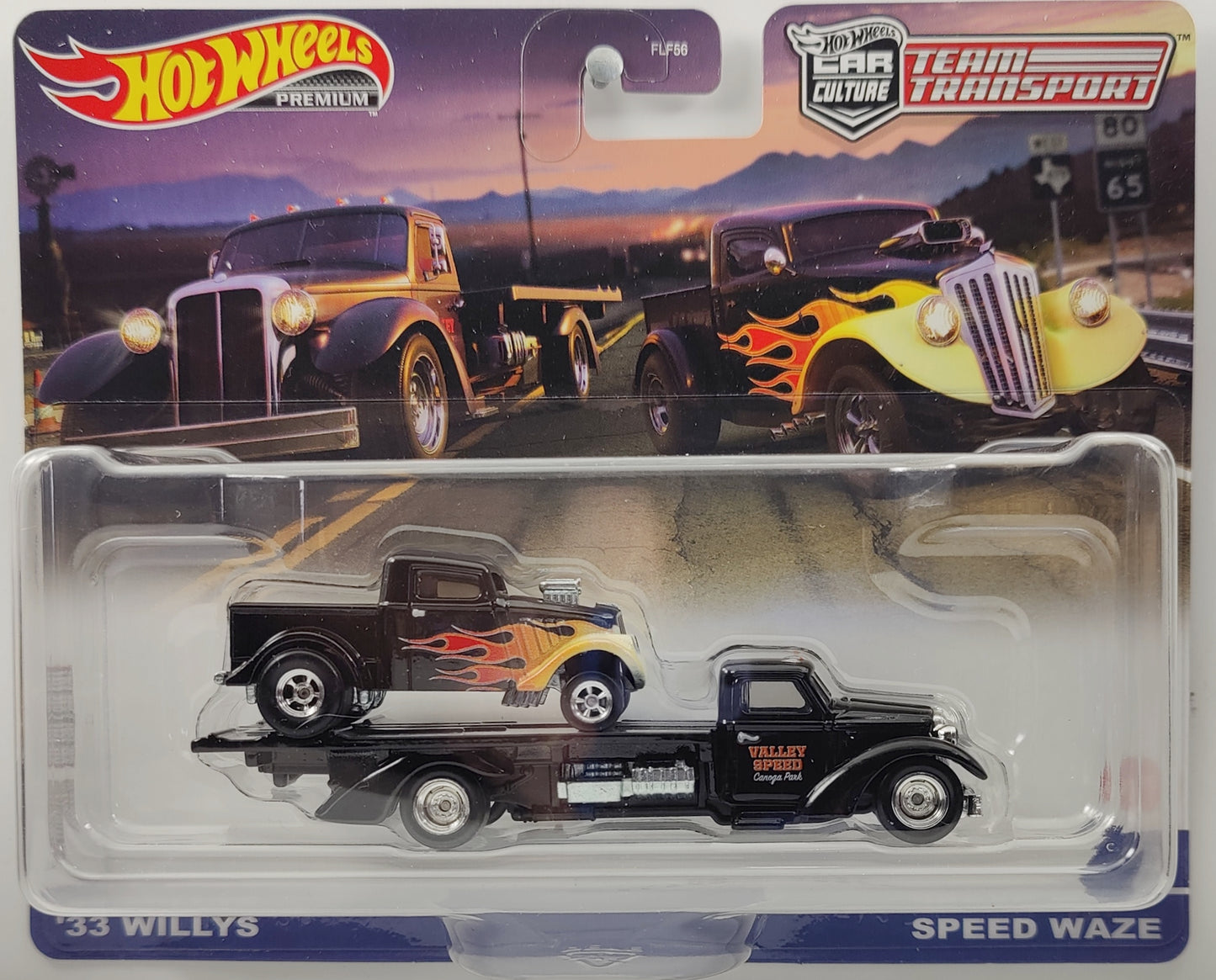 Hot Wheels 2023 - Premium / Car Culture / Team Transport # 60 - '33 Willys & Speed Waze - Black with Flames - Metal/Metal & Real Riders - Mix 4