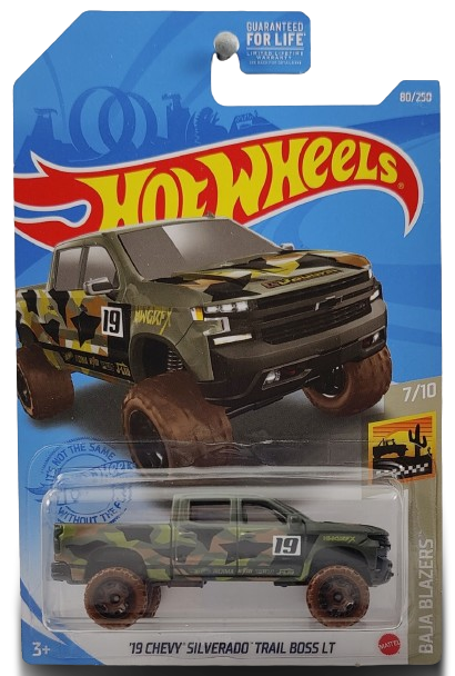 Hot Wheels 2021 - Collector # 080/250 - Baja Blazers 7/10 - '19 Chevy Silverado Trail Boss LT - Olive Drab Camo / #19 - Black BLOR Wheels on Brown Tires - USA Card