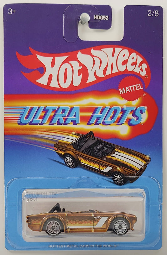 Hot Wheels 2024 - Ultra Hots 2/8 - Triumph TR6 - Spectraflame Gold - UH Wheels - Target Exclusive - Retro Ultra Hots Blister Card