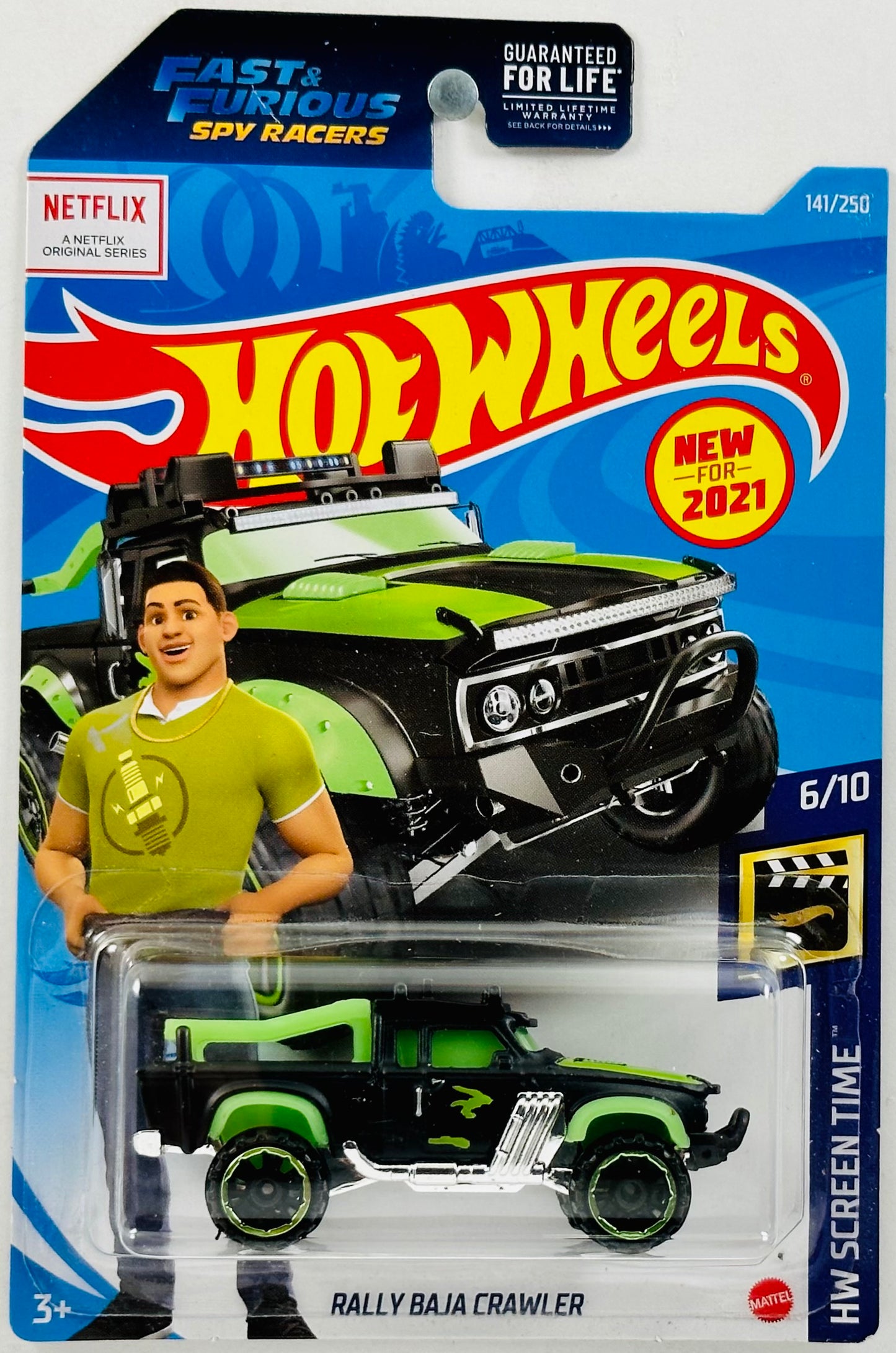 Hot Wheels 2021 - Collector # 141/250 - HW Screen Time 6/10 - New Models - Rally Baja Crawler - Flat Black / Neon Green Bed, Fenders & Windows - OR6SP Wheels - USA 'Fast & Furious Spy Racers' Card