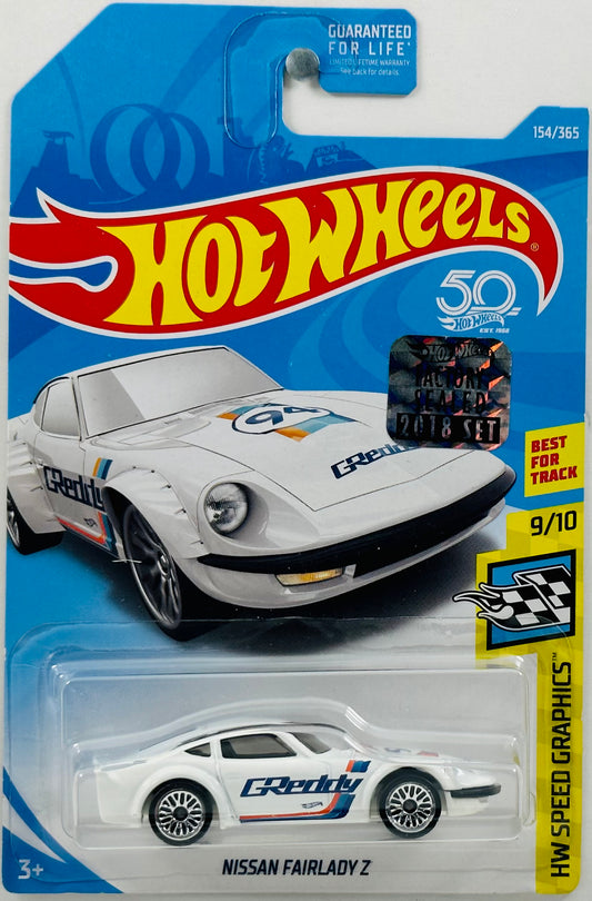 Hot Wheels 2018 - Collector # 154/365 - HW Speed Graphics 09/10 - Nissan Fairlady Z - White / 'GReddy' - Lace Wire Wheels - USA 50th Card with Factory Set Sticker