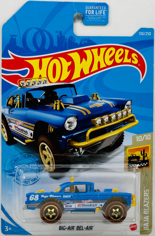 Hot Wheels 2021 - Collector # 130/250 - Baja Blazers 10/10 - Big-Air Bel-Air - Blue - Gold Baja5 Wheels on Brown Tires - Gold Interior - Gray Plastic Base - Kroger Exclusive - USA Card
