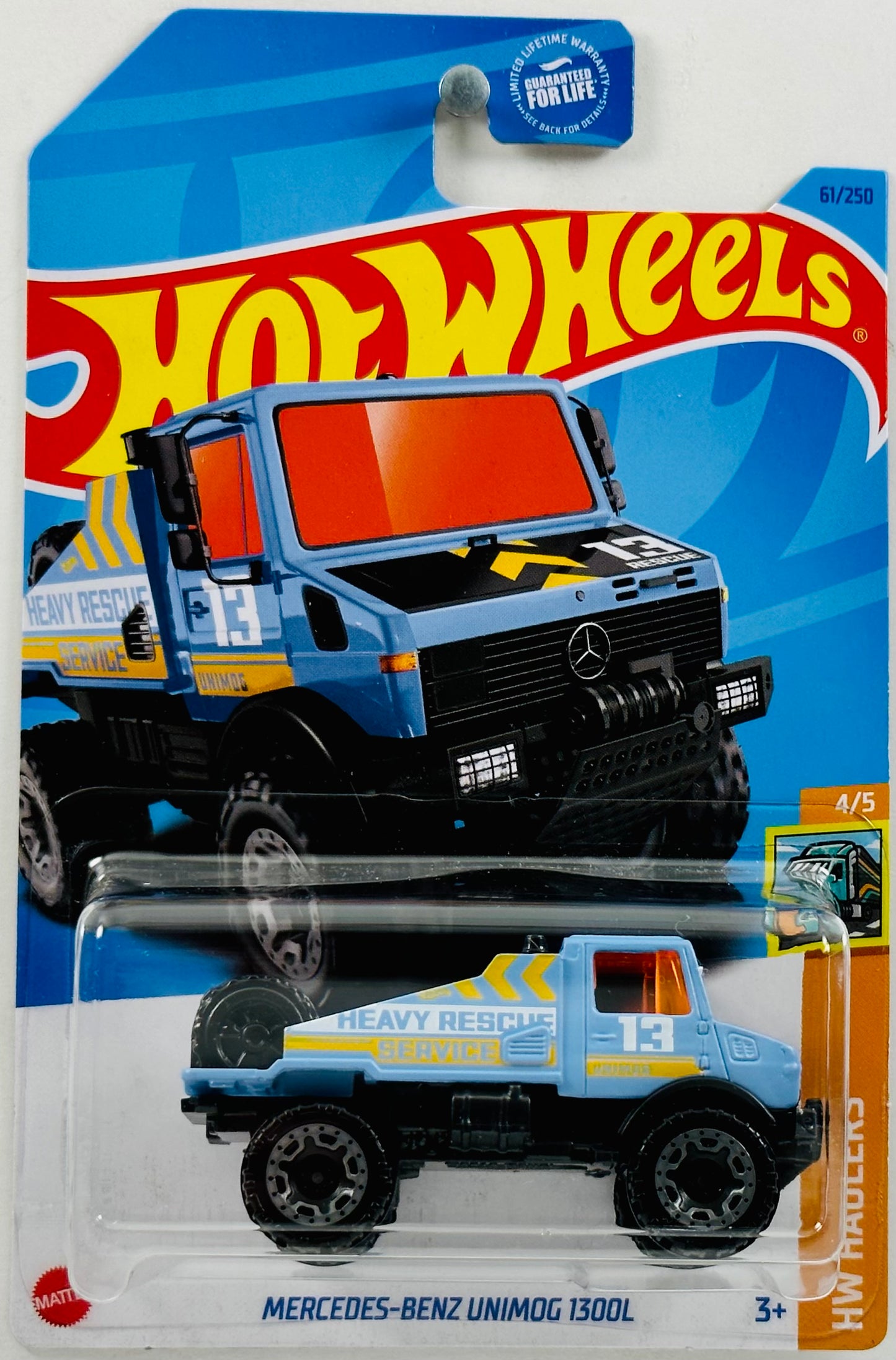 Hot Wheels 2023 - Collector # 061/250 - HW Haulers 04/05 - Mercedes-Benz Unimog 1300L - Light Blue - 'Heavy Rescue Service' / '13' - USA