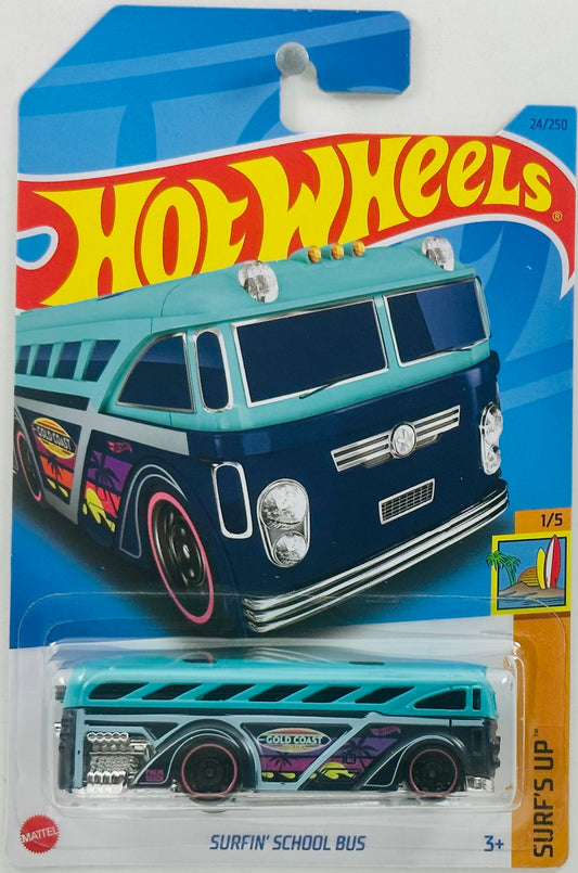 Hot Wheels 2023 - Collector # 024/250 - Surf's Up 01/05 - Surfin' School Bus - Turquois & Dark Blue - Palm Tree Graphics - IC