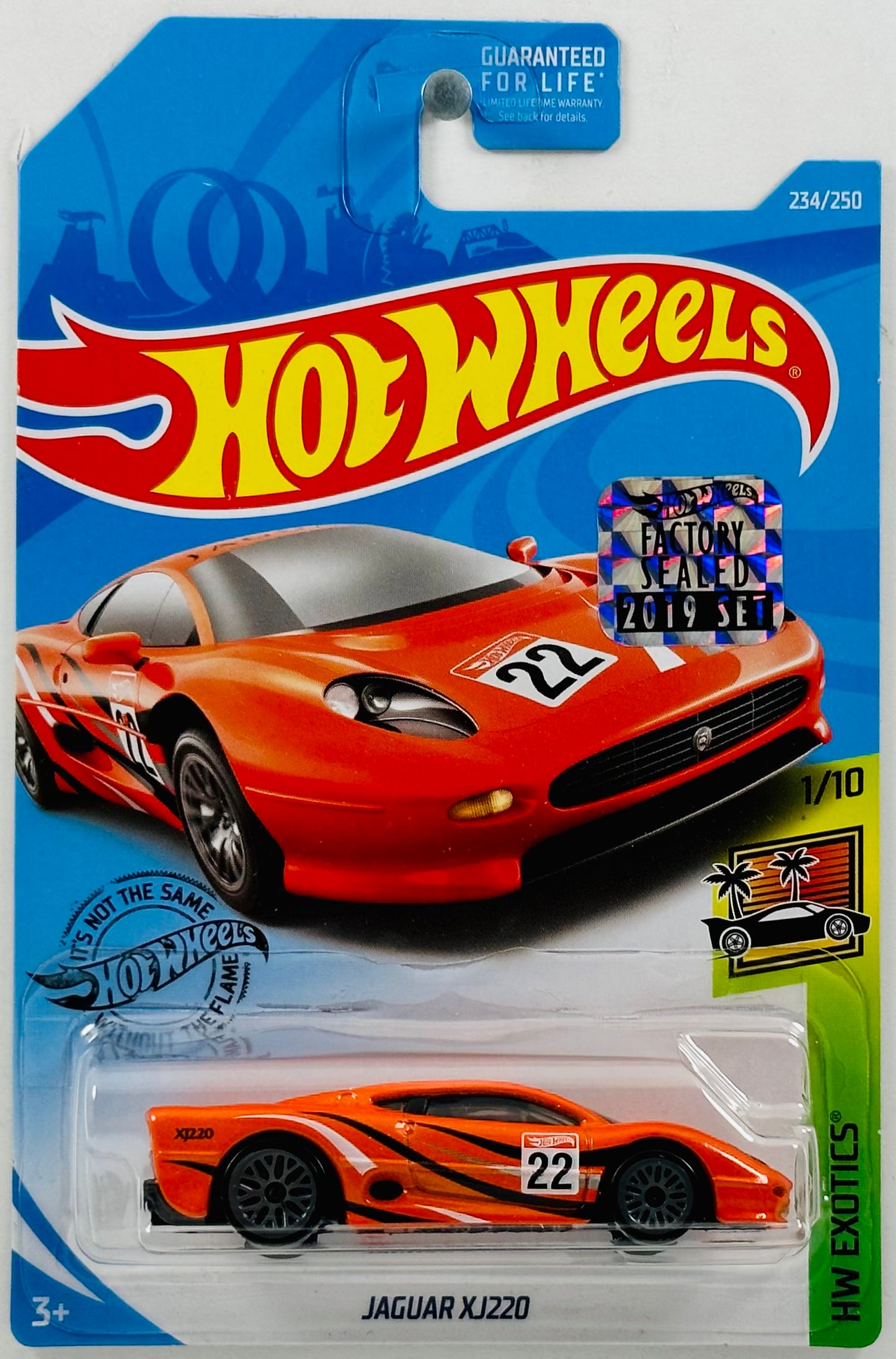 Hot Wheels 2019 - Collector # 234/250 - HW Exotics 1/10 - Jaguar XJ220 - Orange / #22 - Gray LW - USA Card with Factory Set Sticker