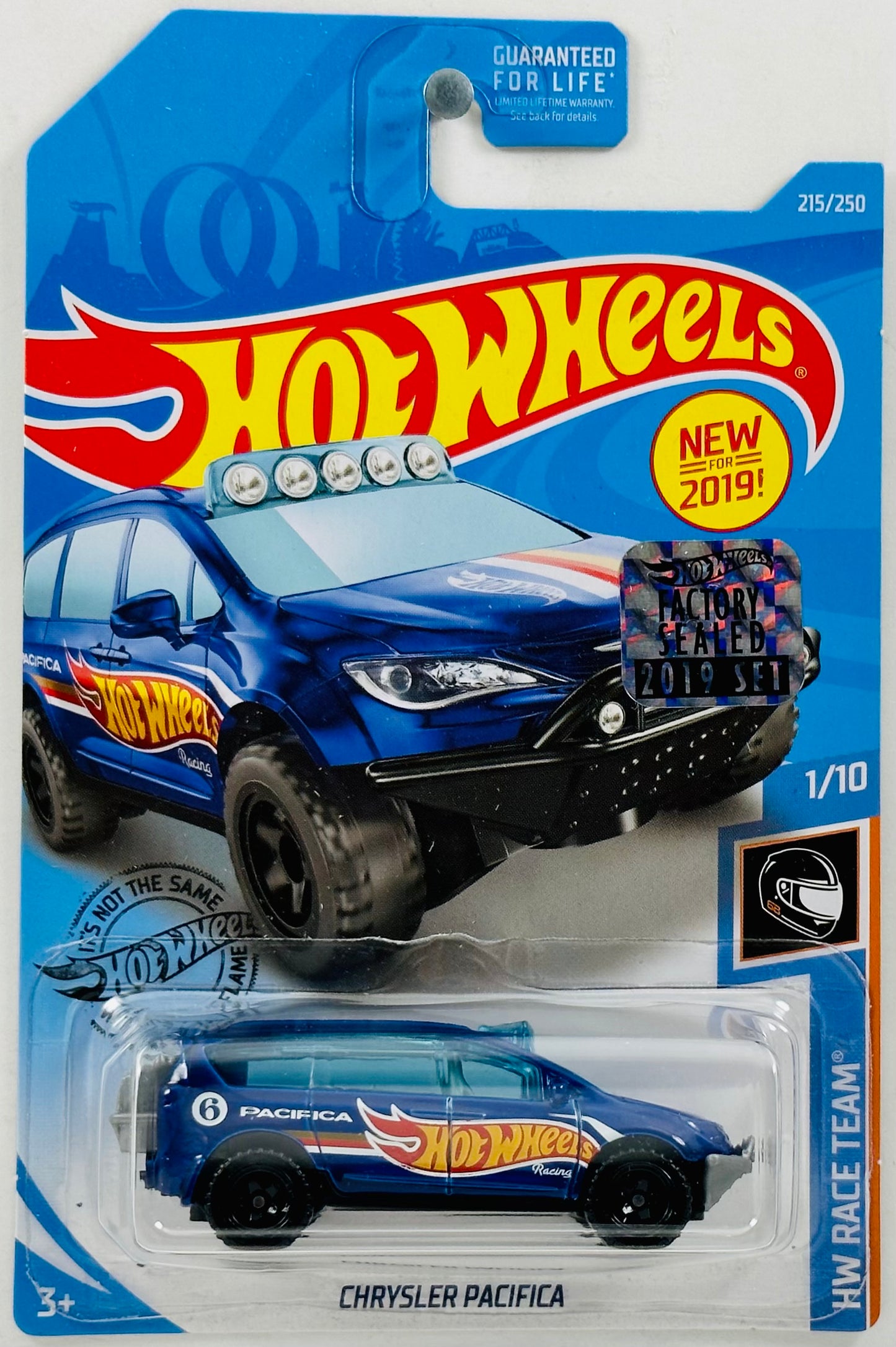 Hot Wheels 2019 - Collector # 215/250 - HW Race Team 1/10 - New Models - Chrysler Pacifica - Dark Blue / Hot Wheels Racing / #6 / White, Red &amp; Gold Stripes - Black BAJA5 Wheels - USA Card with Factory Set Sticker