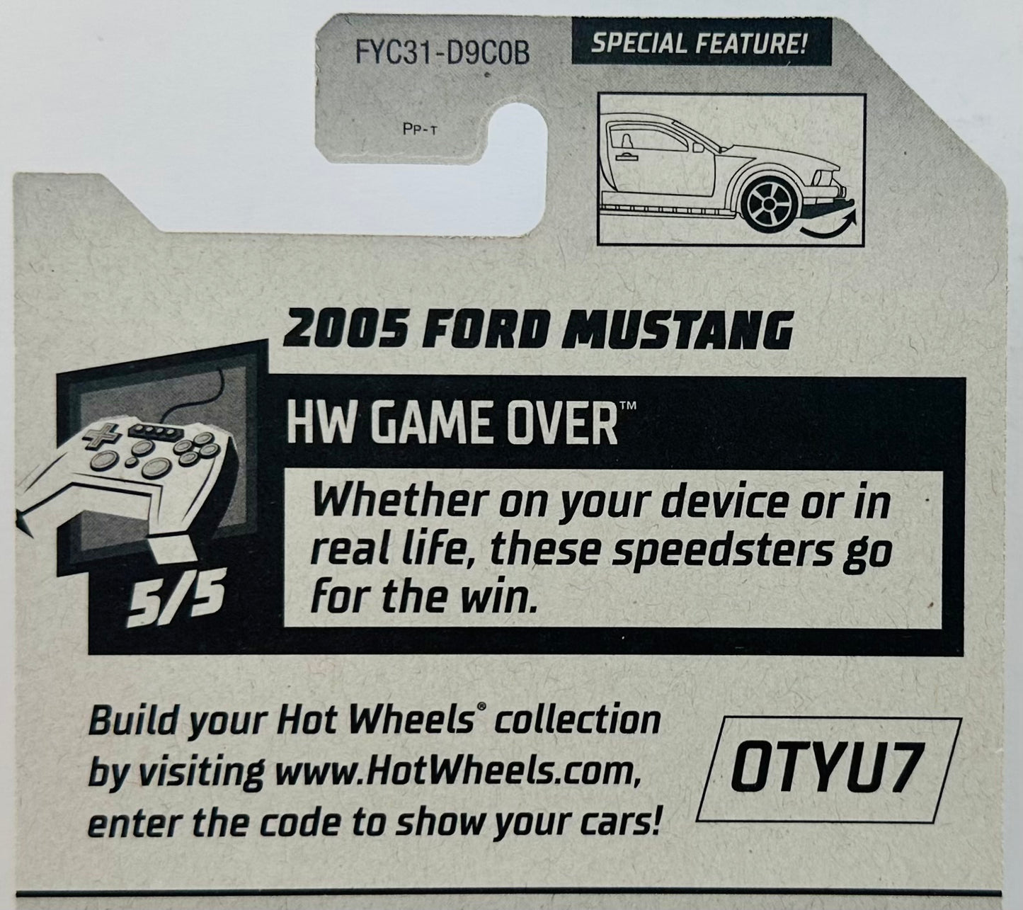 Hot Wheels 2019 - Collector # 044/250 - HW Game Over 5/5 - 2005 Ford Mustang - Black - '2' / Red &amp; White Stripes - White Rim / Black PR5 Wheels - USA Card with Factory Set Sticker